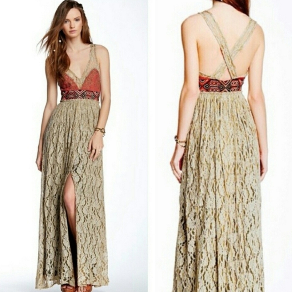 FREE PEOPLE Maxi Dress Blackened Gold Lace Embroidered Beaded Size 10 RARE